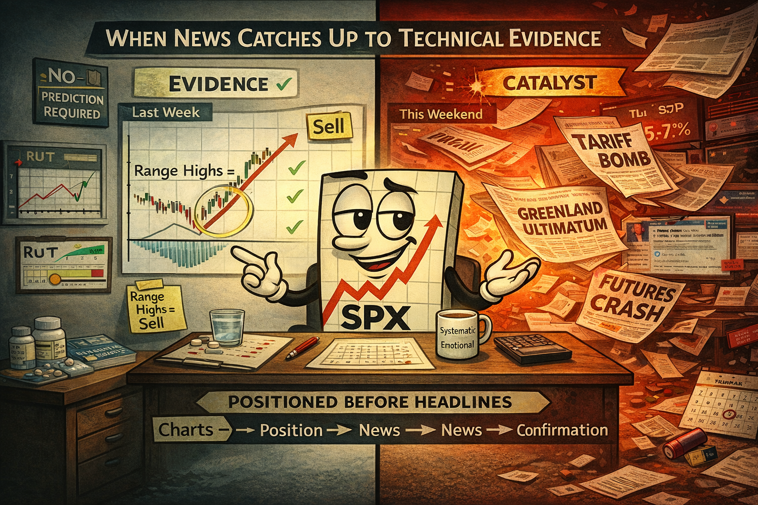 Split image showing chart signals preceding news catalysts with systematic trader positioned correctly