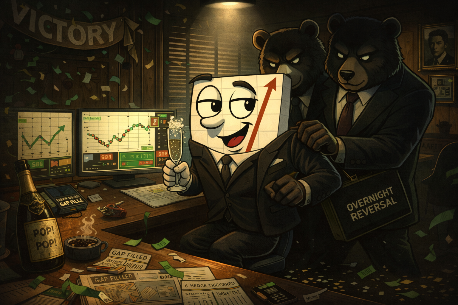 Mr SPX grabbed by bears mid-celebration in dramatic boardroom ambush scene, champagne spilling, Godfather style