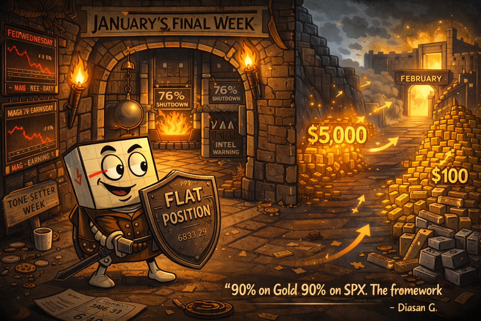 Mr SPX entering medieval gauntlet of weekly challenges whilst gold glows at $5,000 on the side