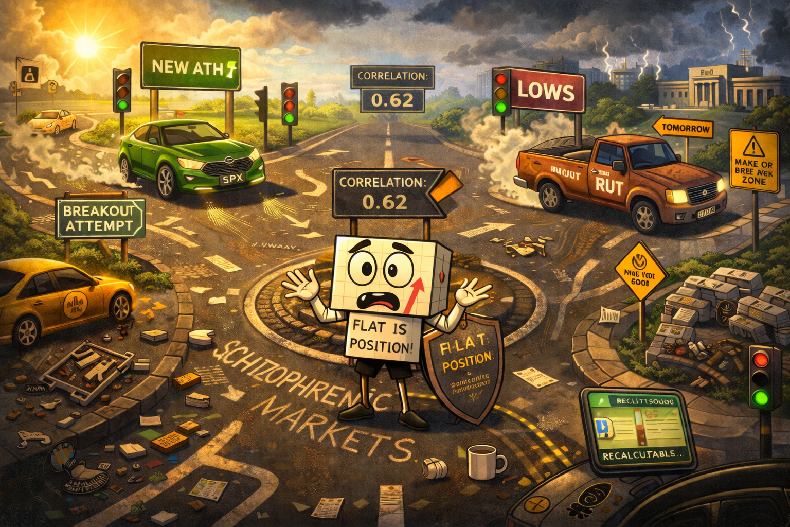 Mr SPX bewildered at intersection as four indexes drive different directions in chaotic market divergence scene