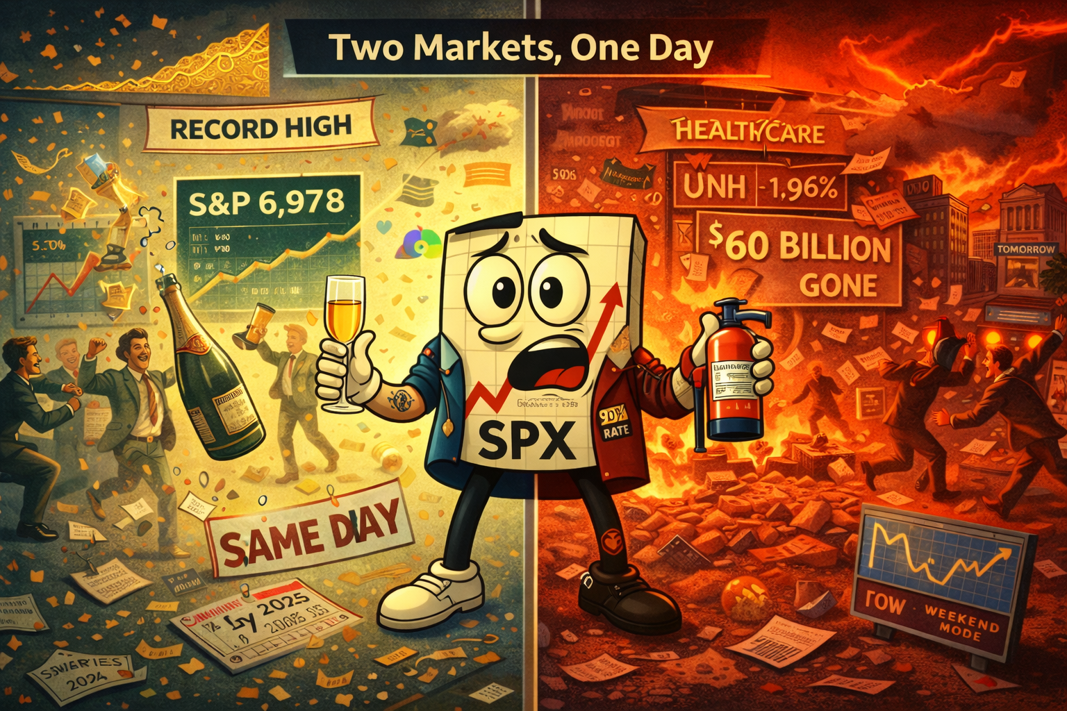 Mr SPX straddling split scene of tech celebration and healthcare disaster, same day different realities
