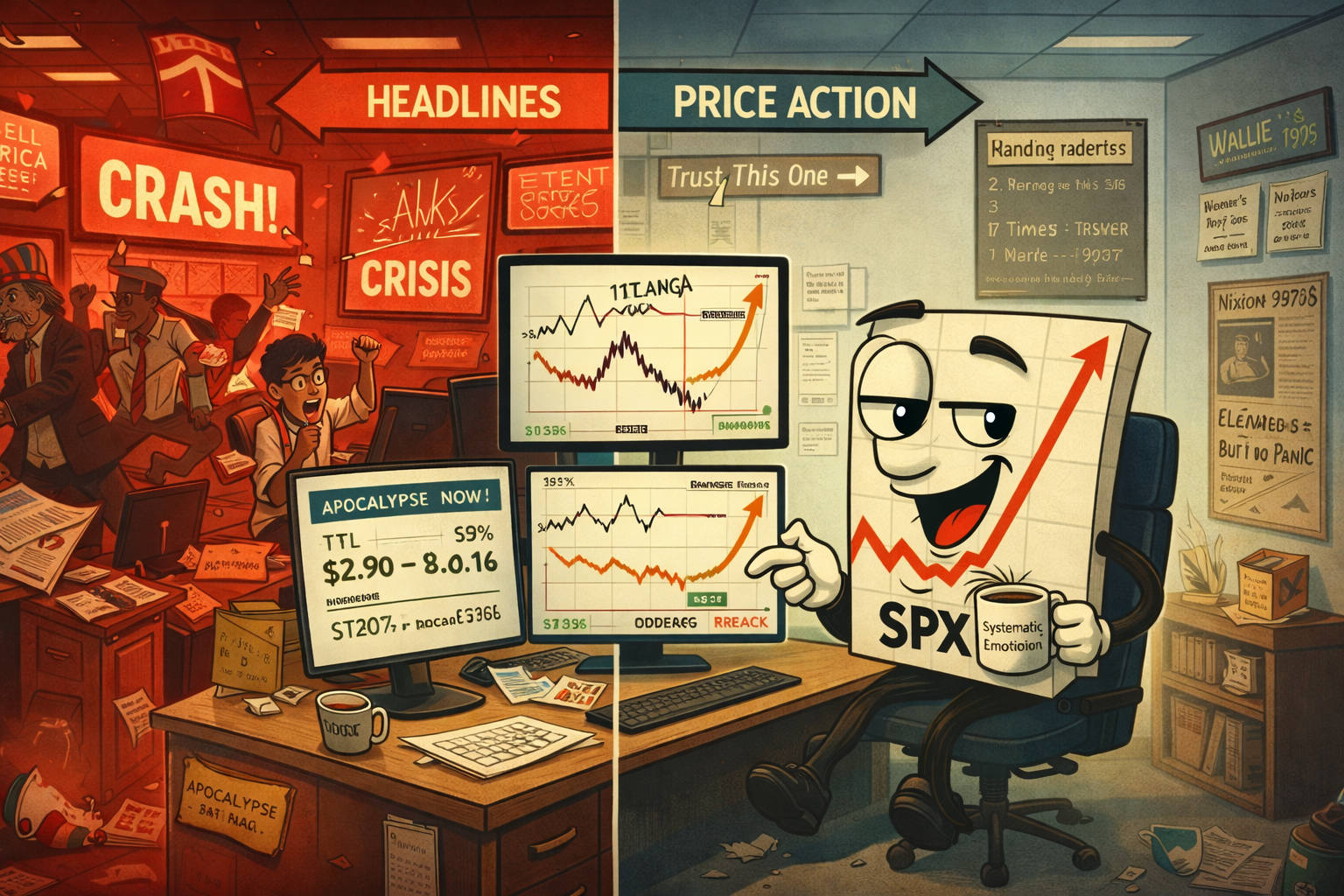 Split scene contrasting media panic with systematic trader calmly analysing bearish but normal price action