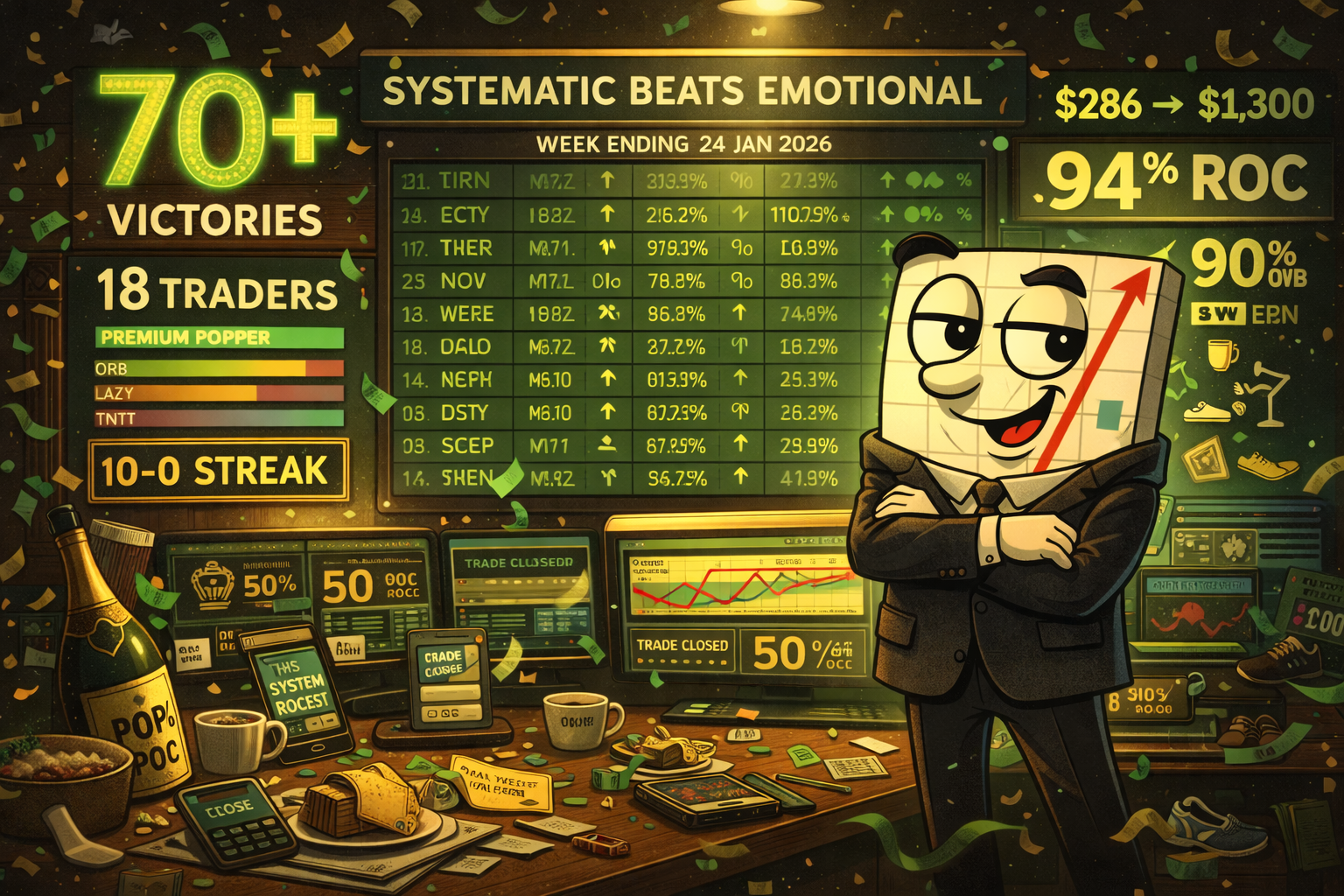 Victory leaderboard showing 18 traders and 70+ wins, Mr SPX celebrating, lifestyle trading theme
