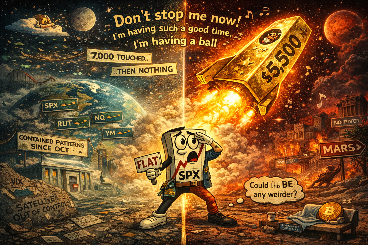 Gold rocket ship blasting to $5,500 whilst Mr SPX watches from Earth where indexes remain flat