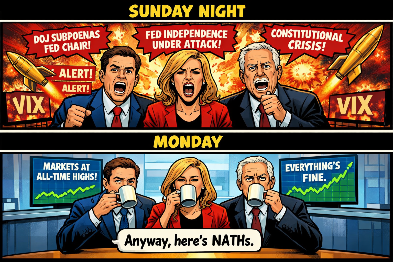 Comic meme contrasting Sunday crisis panic with Monday casual NATHs recovery