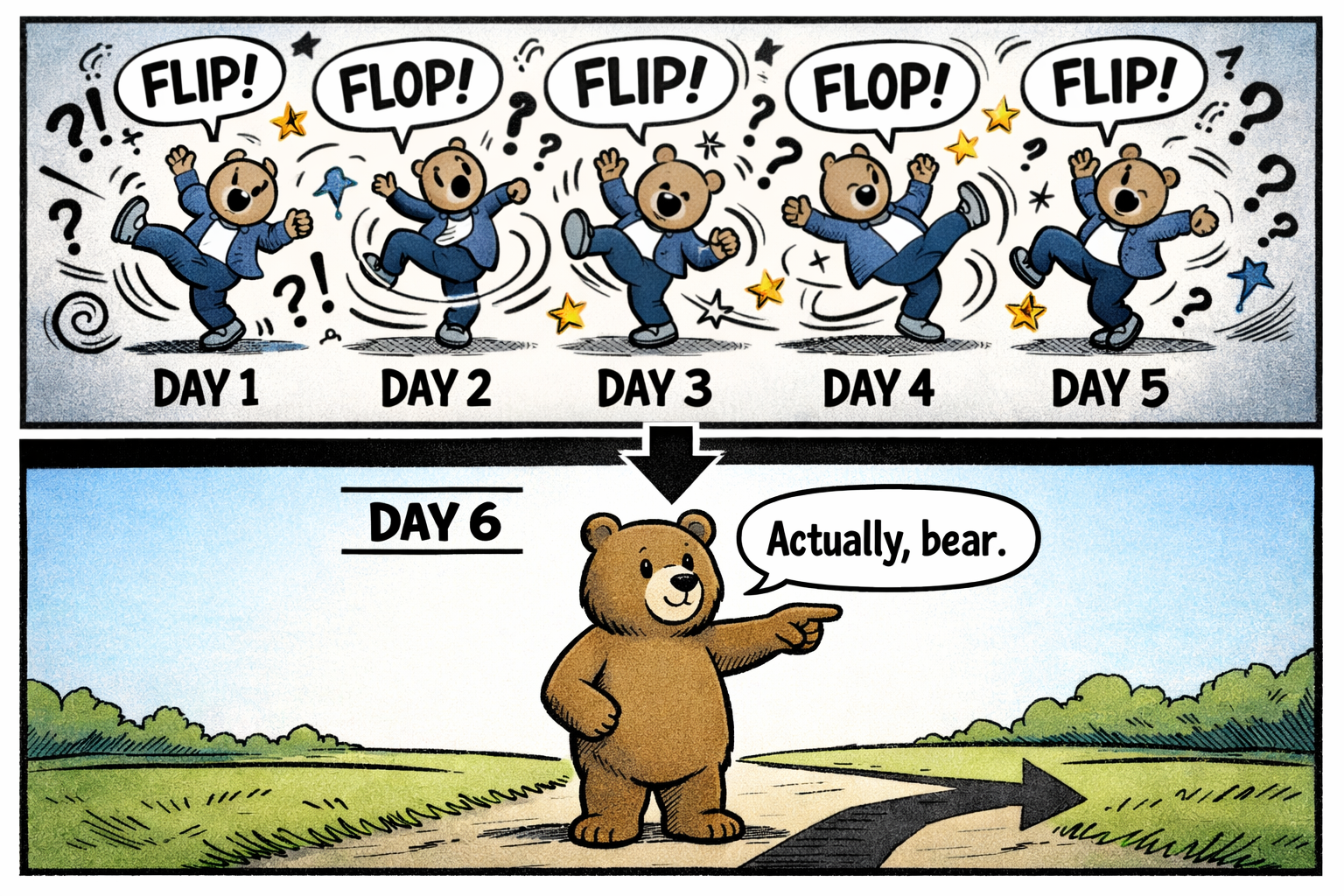 Comic meme showing five days of flipping chaos followed by decisive bear direction
