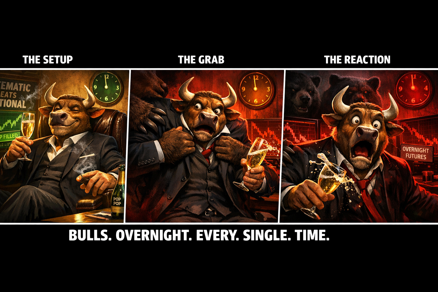 Three-panel financial satire meme showing a confident bull celebrating market gains, then being ambushed by bears overnight, ending in shock. Caption reads “Bulls. Overnight. Every. Single. Time.”