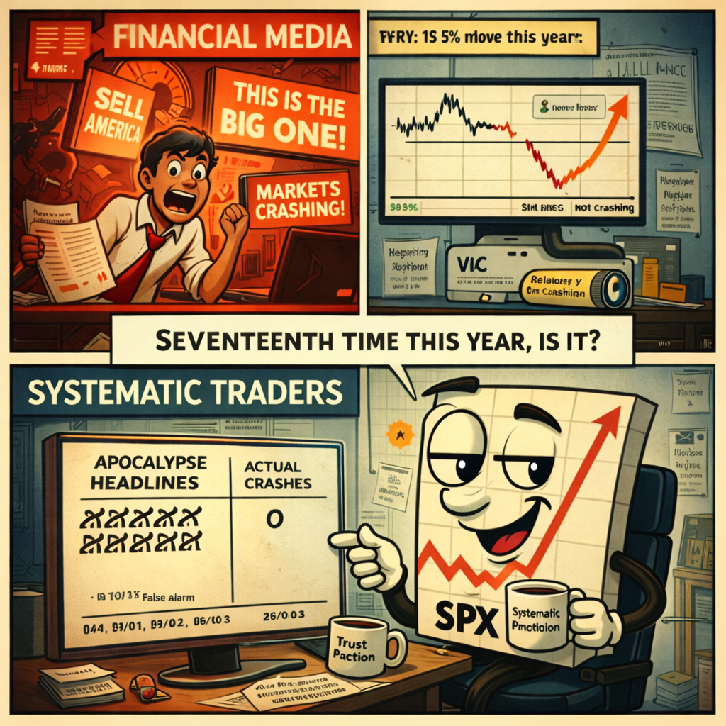 Meme comparing media panic headlines to trader noting this is the seventeenth false alarm this year