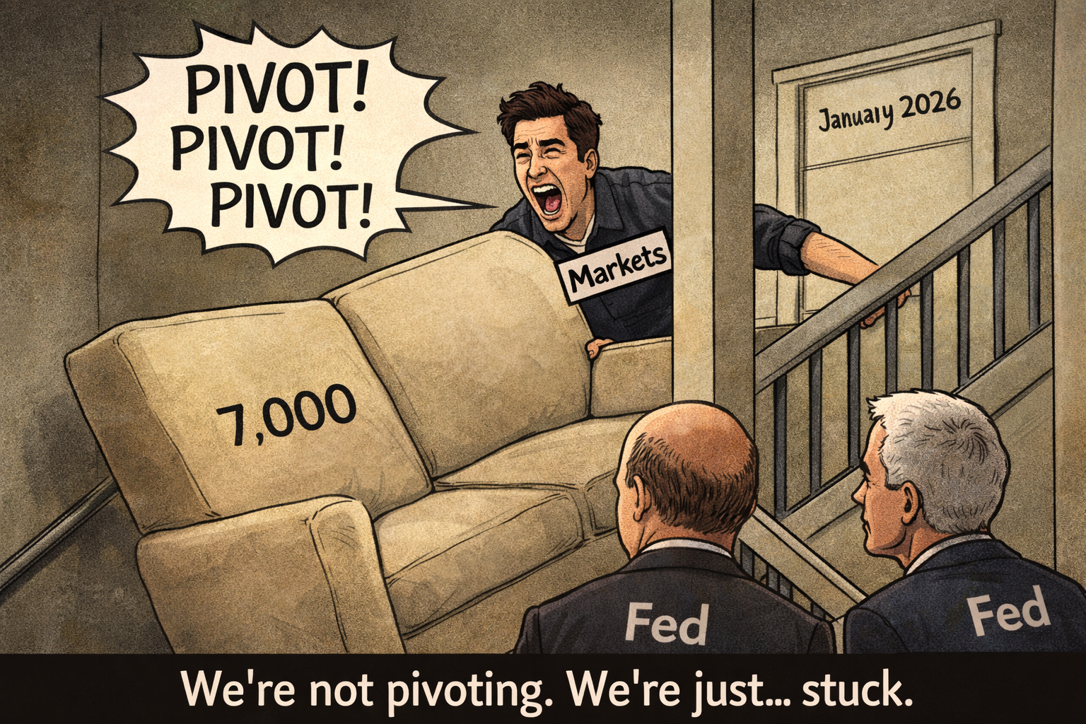 Ross from Friends shouting "PIVOT! PIVOT! PIVOT!" but he's labelled "Markets" and the couch is labelled "7,000" stuck in the stairwell labelled "January 2026". Fed officials watching helplessly. Caption: "We're not pivoting. We're just... stuck."