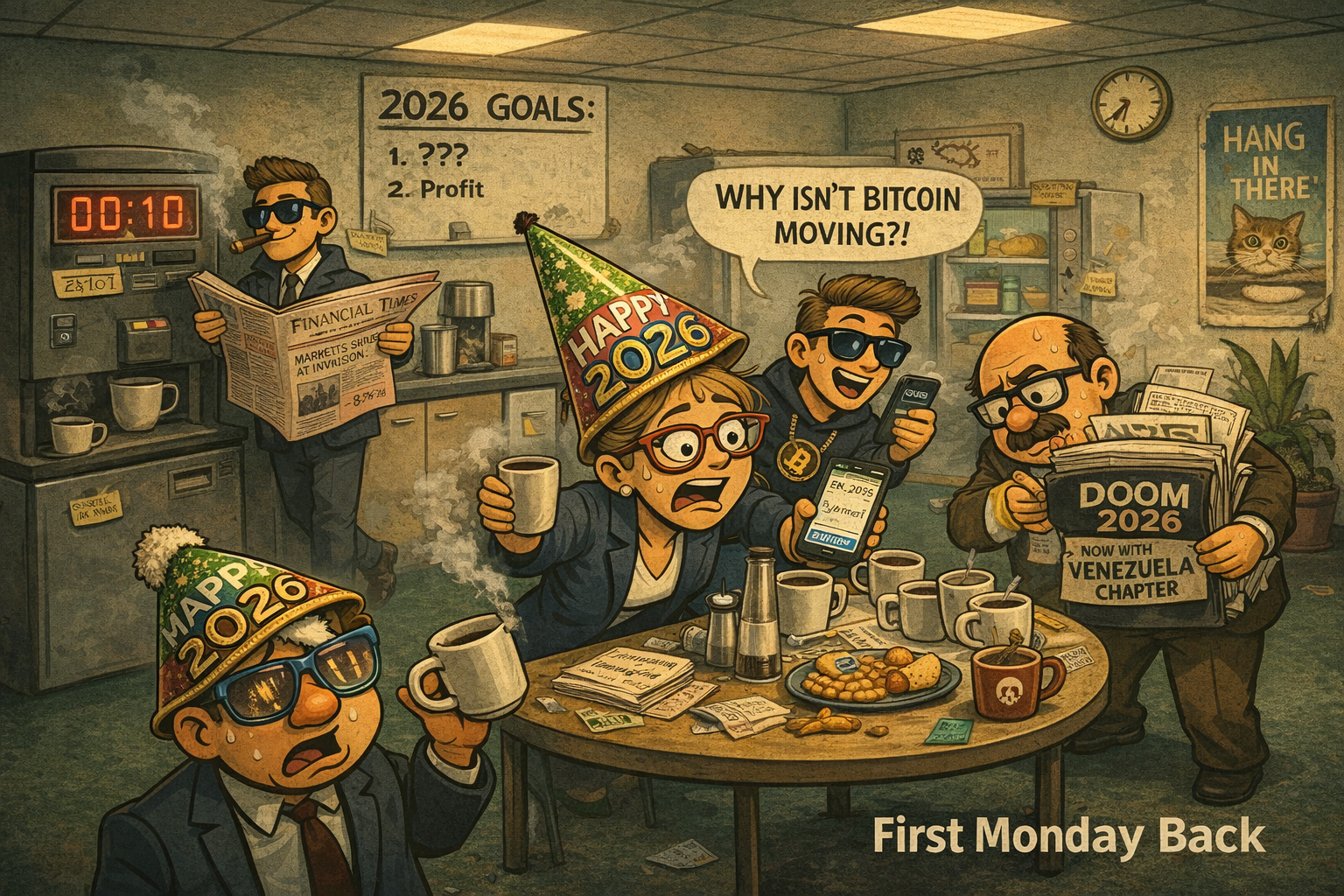 FinNuts team chaos around office coffee machine first day back - Percy's hat over eyes, Hazel overcaffeinated, Mac unfazed with newspaper.