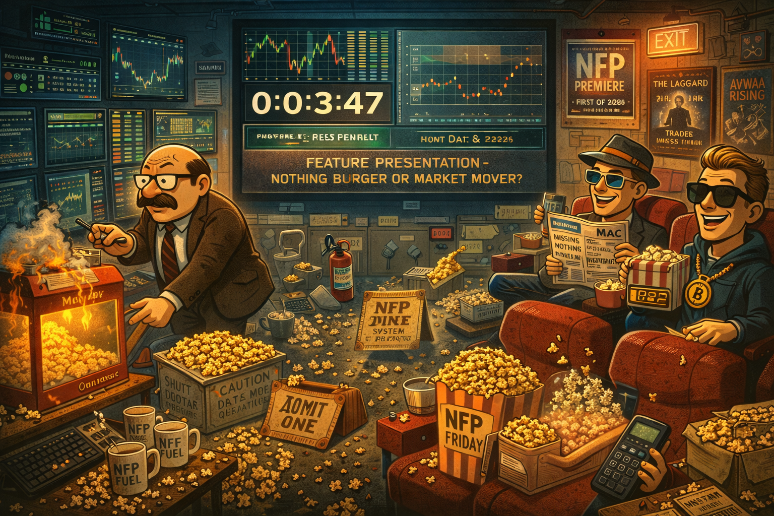 FinNuts team in cinema-style trading room for NFP, Percy's popcorn machine on fire, countdown to data release on screen.
