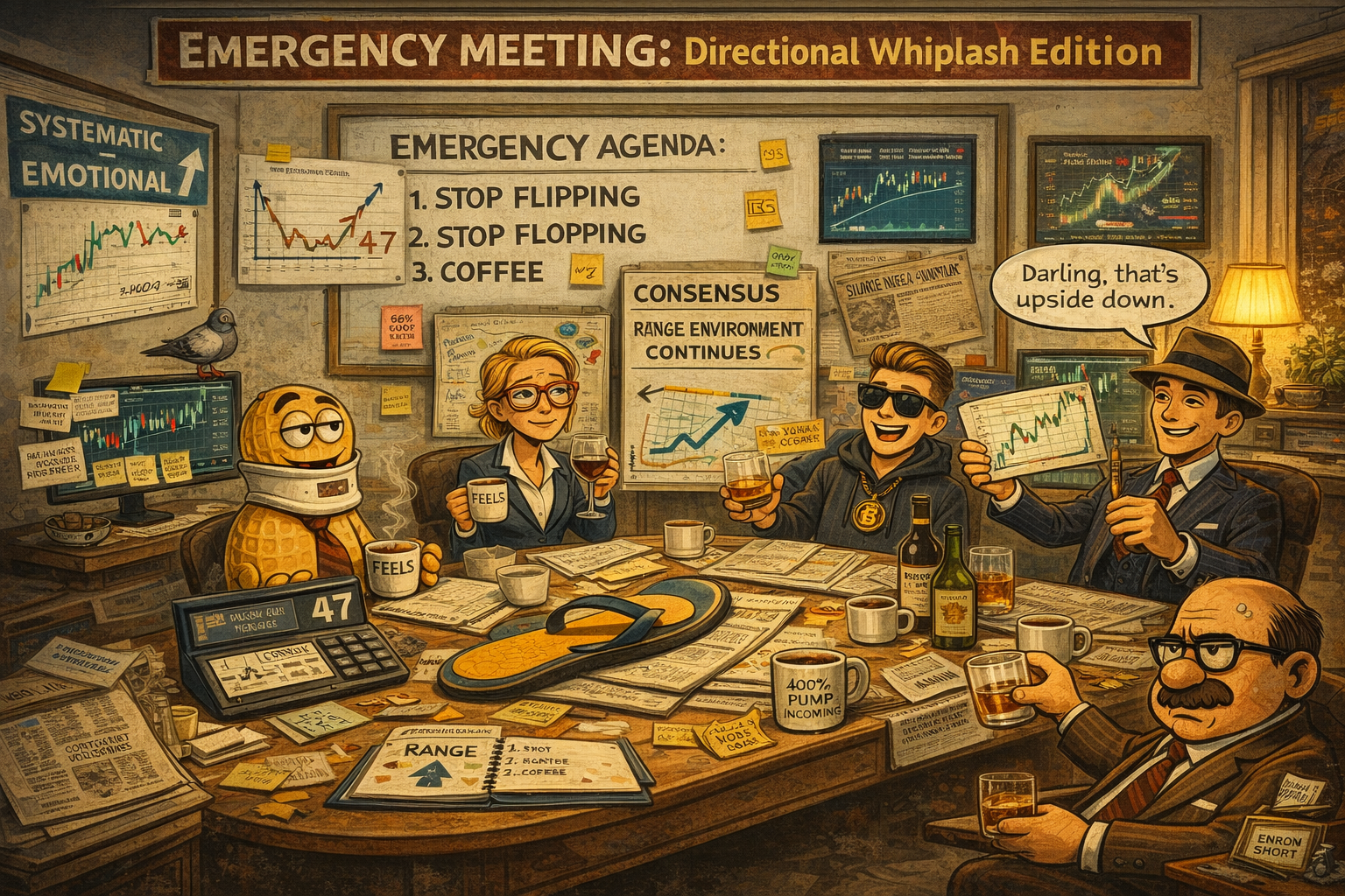 Financial Nuts emergency meeting discussing flip-flop market with comedic chaos