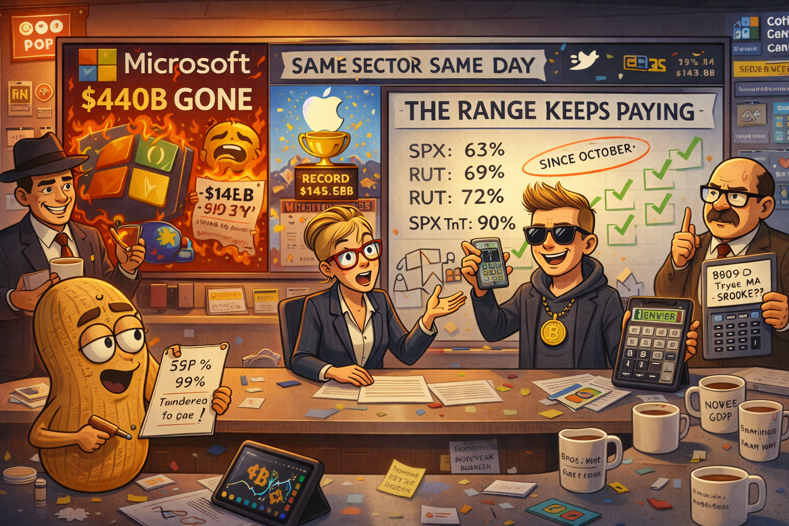 Financial Nuts team celebrating four wins whilst processing Microsoft crash and Apple records on split screens