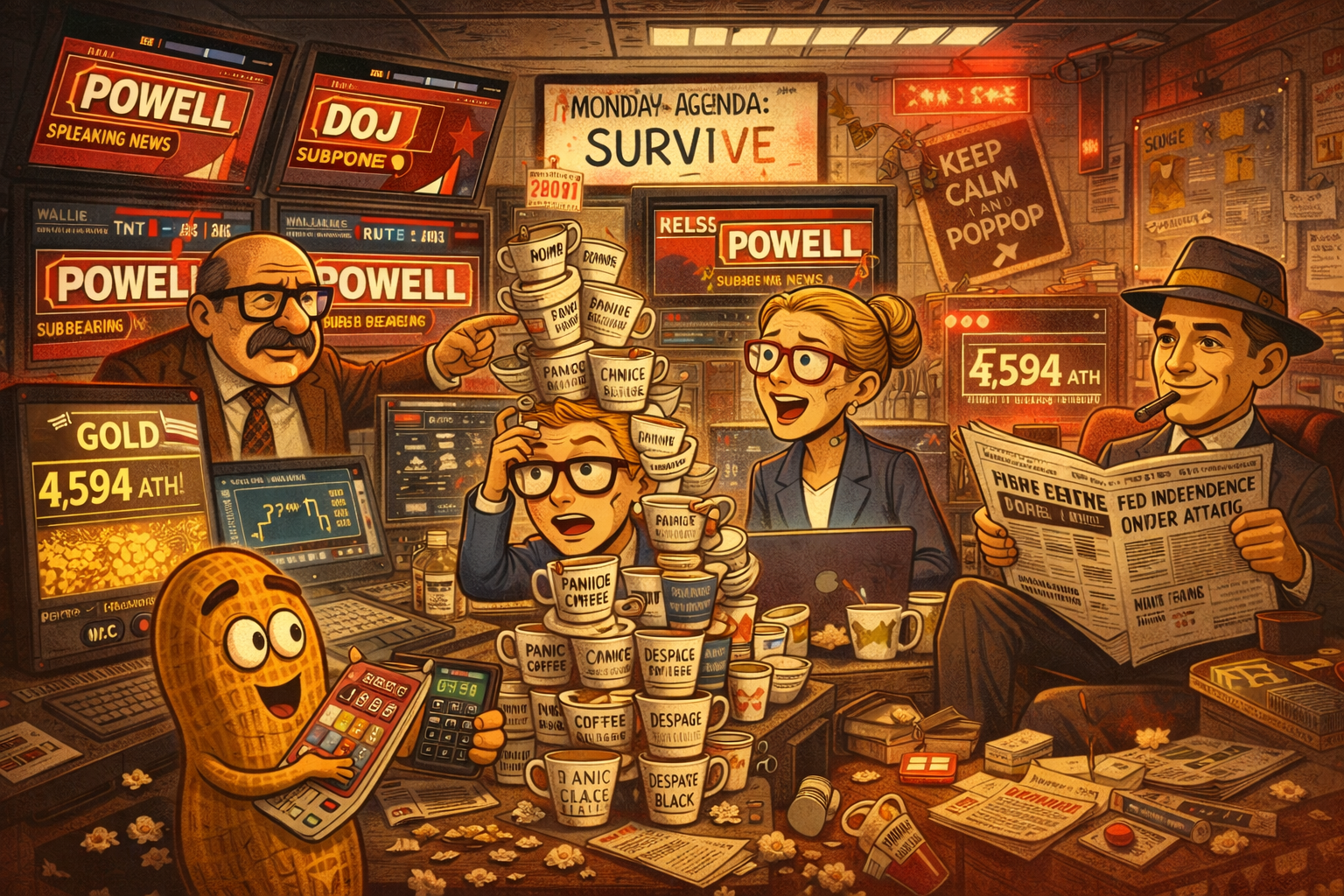Financial Nuts newsroom in Monday chaos with every screen showing Powell DOJ news and gold at ATH