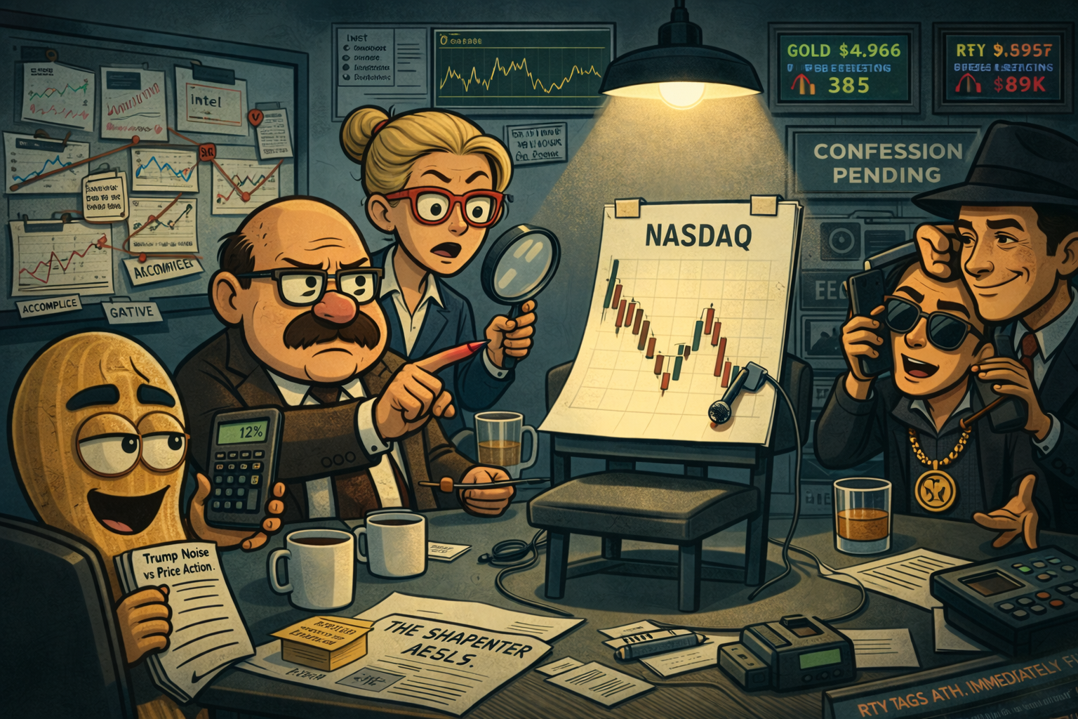 Financial Nuts team interrogating Nasdaq chart wearing a wire, detective noir meets newsroom satire