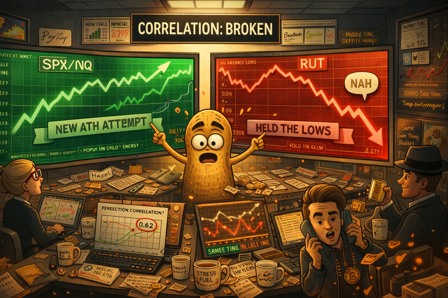 Percy standing between opposing monitors showing SPX up and RUT down as Financial Nuts team deals with correlation breakdown