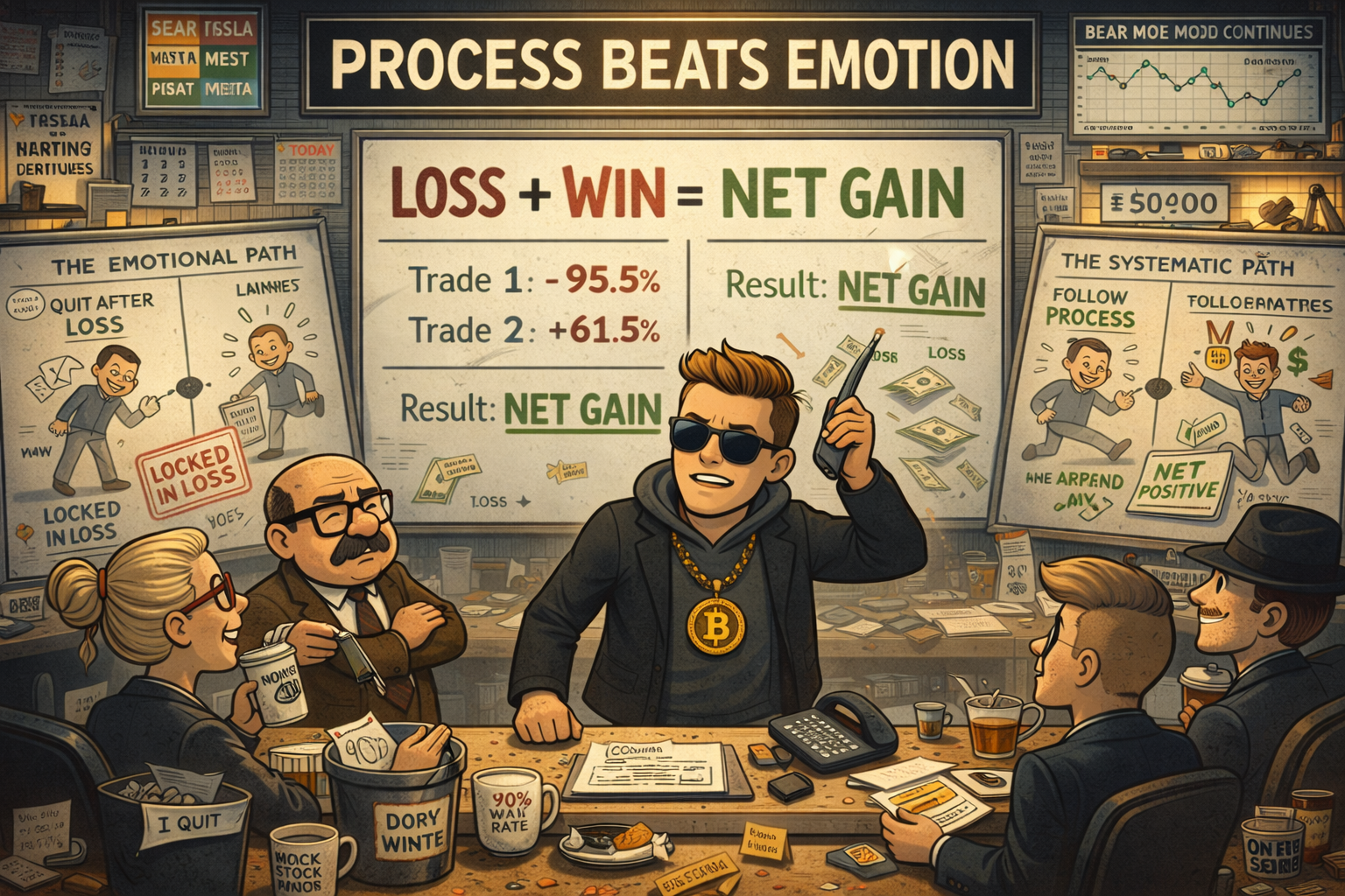 Kash demonstrating loss plus win equals net gain lesson as team nods in agreement