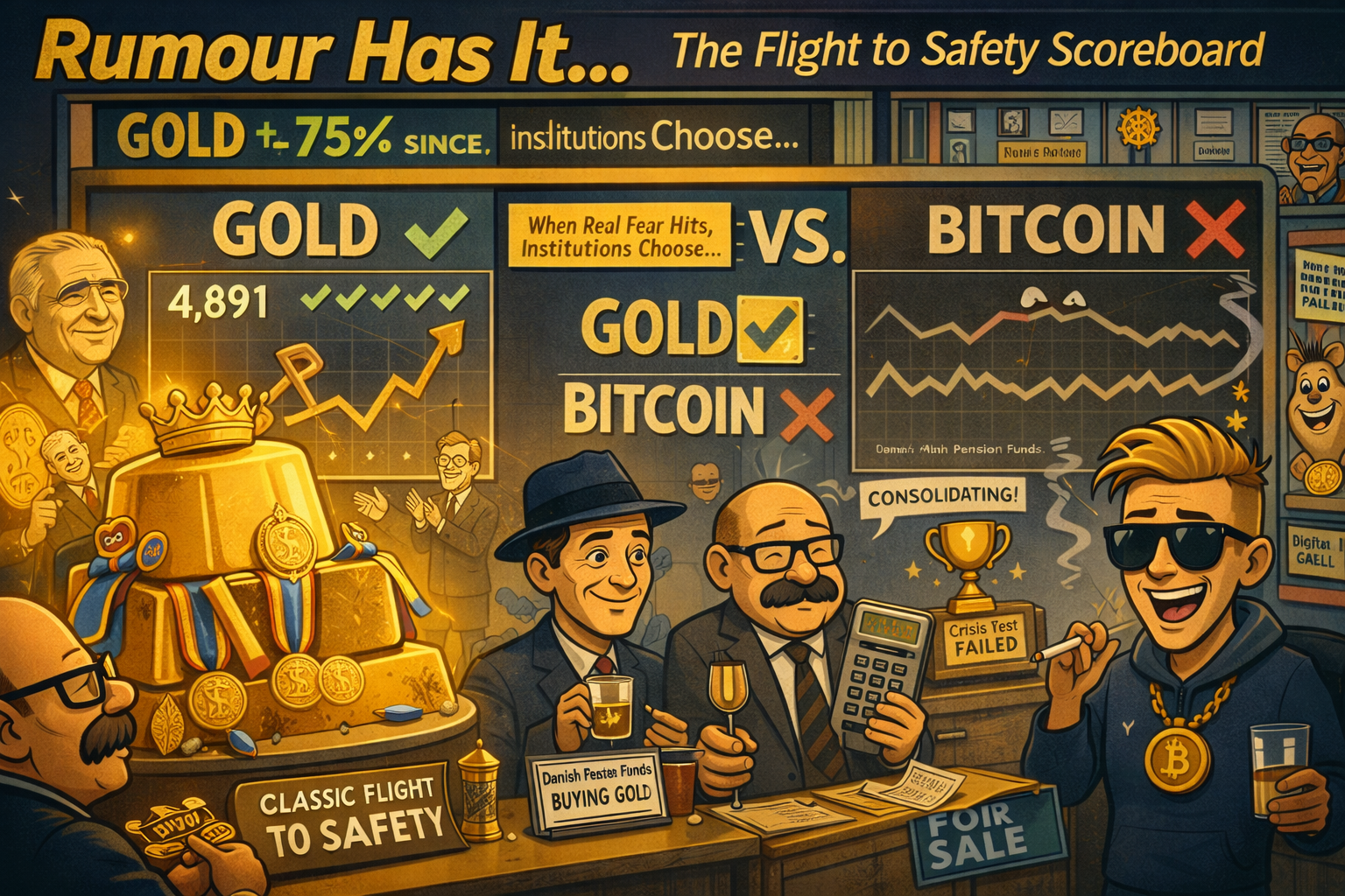 Scoreboard showing gold winning flight to safety competition while Bitcoin loses with craft fag break