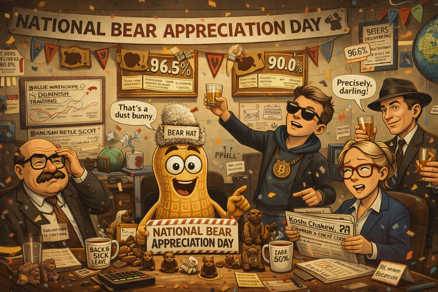 Financial Nuts celebrate bear trade victories with Percy wearing dust bunny as bear hat