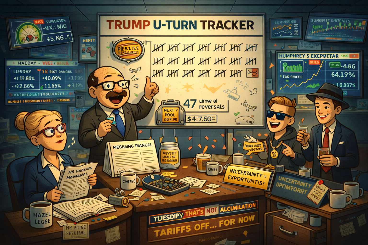 Financial Nuts newsroom with Percy's Trump U-Turn Tracker showing 47 reversals