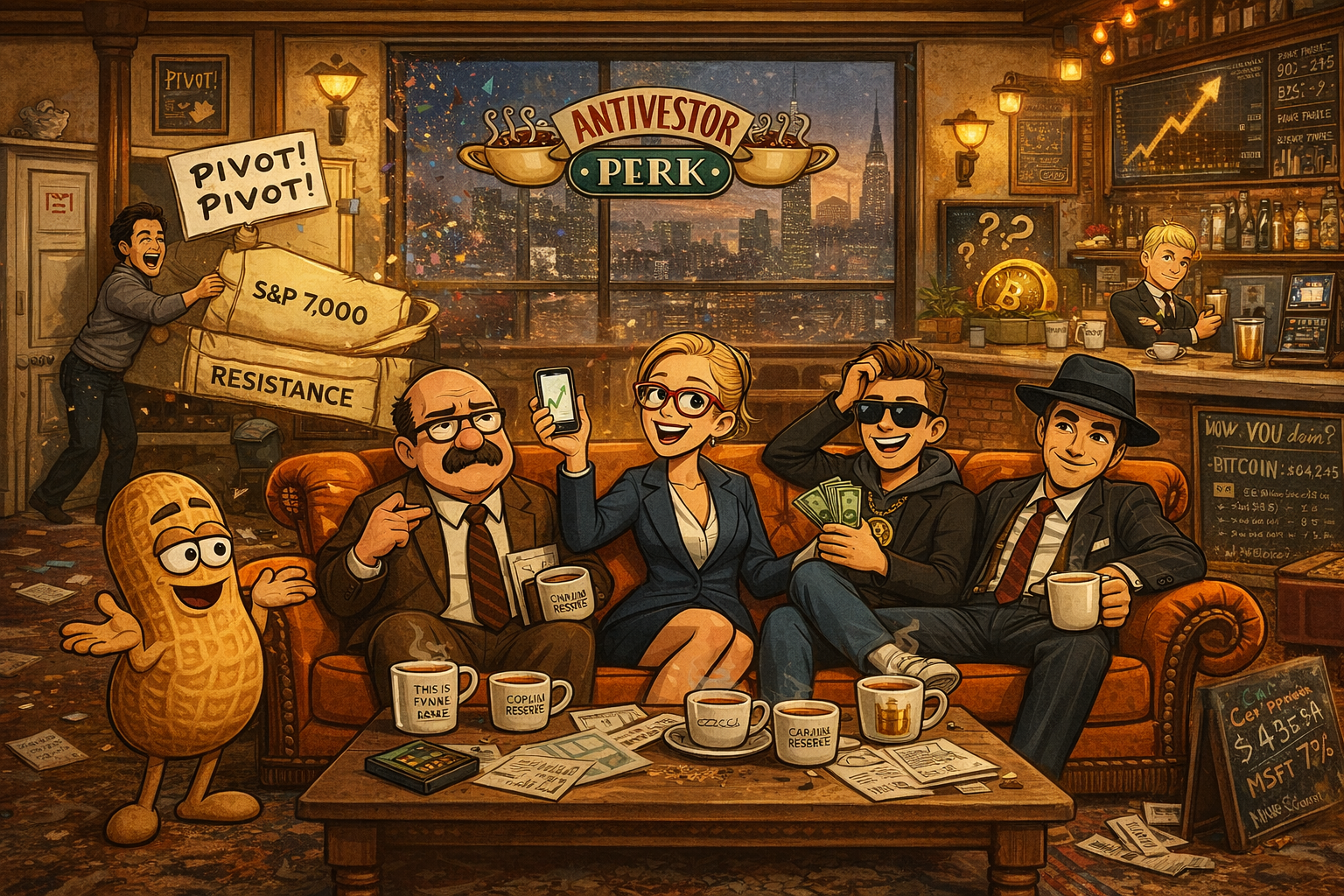 Financial Nuts team in Friends-style Central Perk setup whilst Ross figure tries to PIVOT the S&P 7,000 couch
