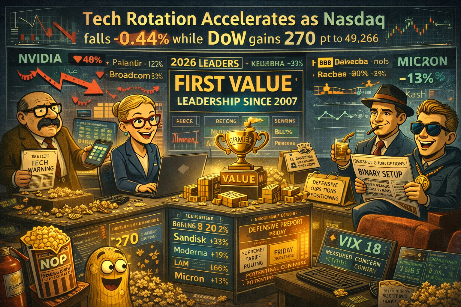 Tech rotation accelerates as Nasdaq falls 0.44% while Dow gains 270 points to 49,266 near record with value stocks leading for first time since 2007 shocking markets as Nvidia Palantir Broadcom decline while Sandisk Moderna LAM Micron lead 2026 gains ahead of dual Friday catalysts with jobs report and potential Supreme Court tariff ruling creating binary setup with defensive options positioning despite VIX 18 measured concern.