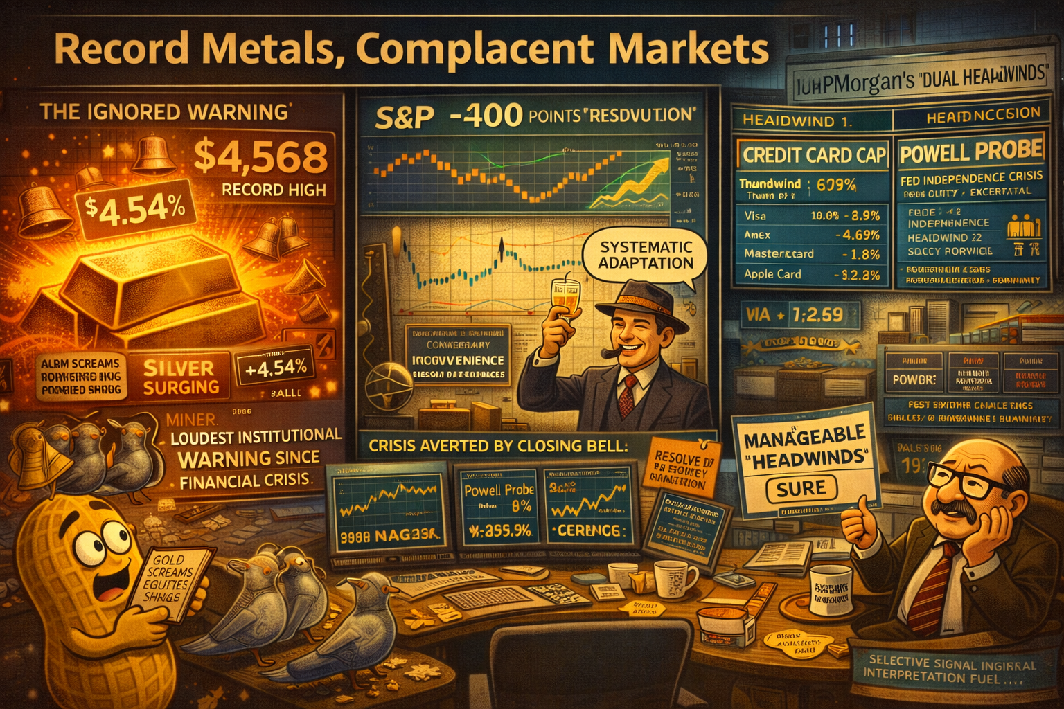 Markets recover from 400-point intraday drop to close positive ignoring gold's record $4,568 and silver's 4.54% surge warning of institutional fears as JPMorgan reports facing dual headwinds from Trump's 10% credit card cap hitting Visa down 2.69% and American Express down 4.26% alongside Powell probe creating Fed independence crisis whilst VIX settles 14.49 suggesting calm despite precious metals screaming warnings.
