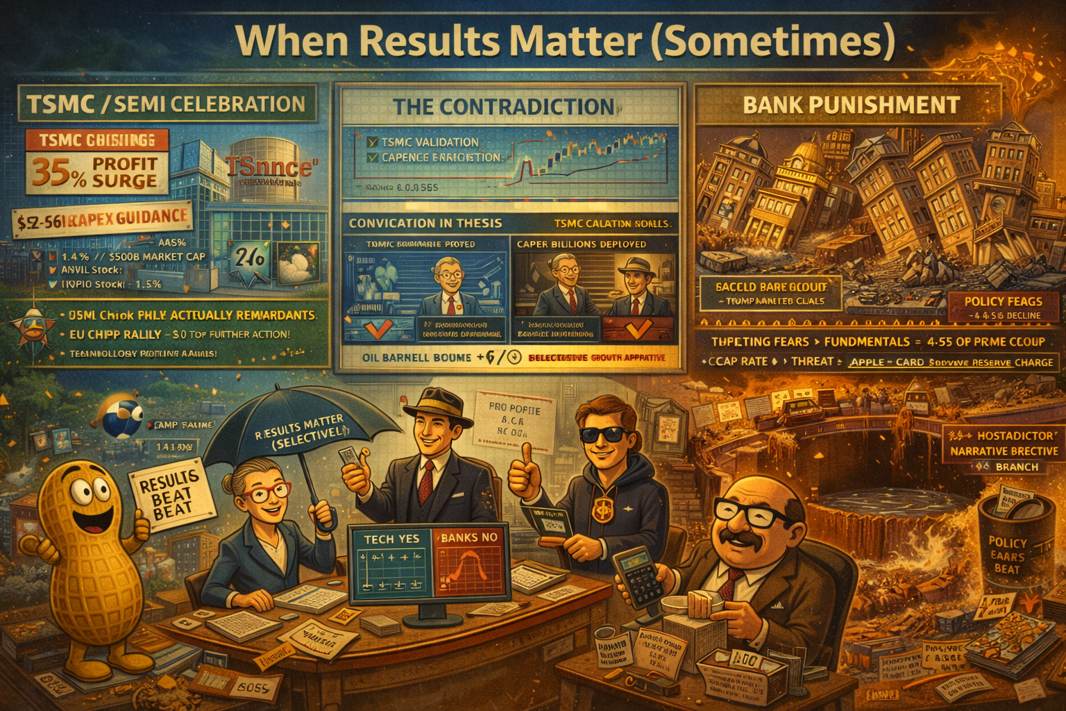 TSMC's 35% profit surge and $52-56B capex guidance validates AI spending lifting semiconductors with ASML up 4% crossing $500B market cap whilst financials crater 4-5% despite solid earnings from BofA Wells Citi on Powell DOJ probe and Trump rate cap threats as oil crashes 3% on Iran de-escalation comments erasing geopolitical premium with markets choosing both AI growth narrative and Fed crisis uncertainty selectively rewarding tech whilst punishing banks for policy fears.