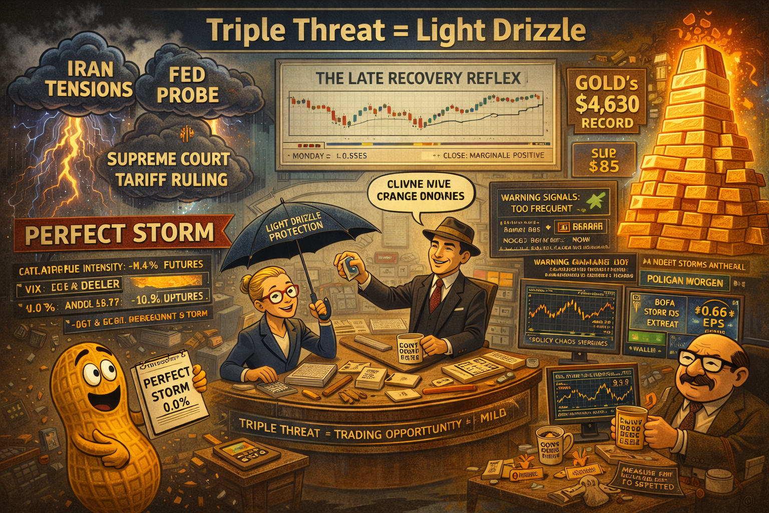 Futures slide 0.4% as perfect storm of Iran tensions Fed probe and Supreme Court tariff ruling create triple threat whilst gold breaks $4,630 record and silver hits $85 with VIX rising to 16.0 as JPMorgan beats with $5.23 EPS but credit card rate cap threat weighs on sector ahead of Bank of America Wells Fargo Citigroup earnings today with defensive shift accelerating but equity decline remaining mild.