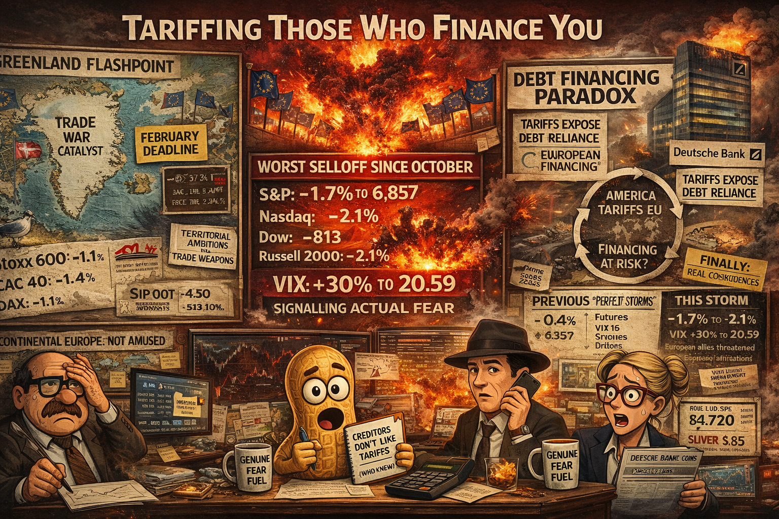 Futures detonate worst selloff since October down 1.7% to 2.1% as Saturday's Greenland tariff announcement targeting eight NATO allies with February deadline triggers VIX explosion 30% to 20.59 genuine fear whilst European markets crater with Stoxx 600 down 1.1% worst two months as EU prepares Anti-Coercion Instrument nuclear option and Deutsche Bank warns tariffs expose America's debt reliance on European financing creating creditor paradox with gold hitting $4,720 record on actual safe-haven demand and credit spreads widening as bond markets notice institutional crisis.