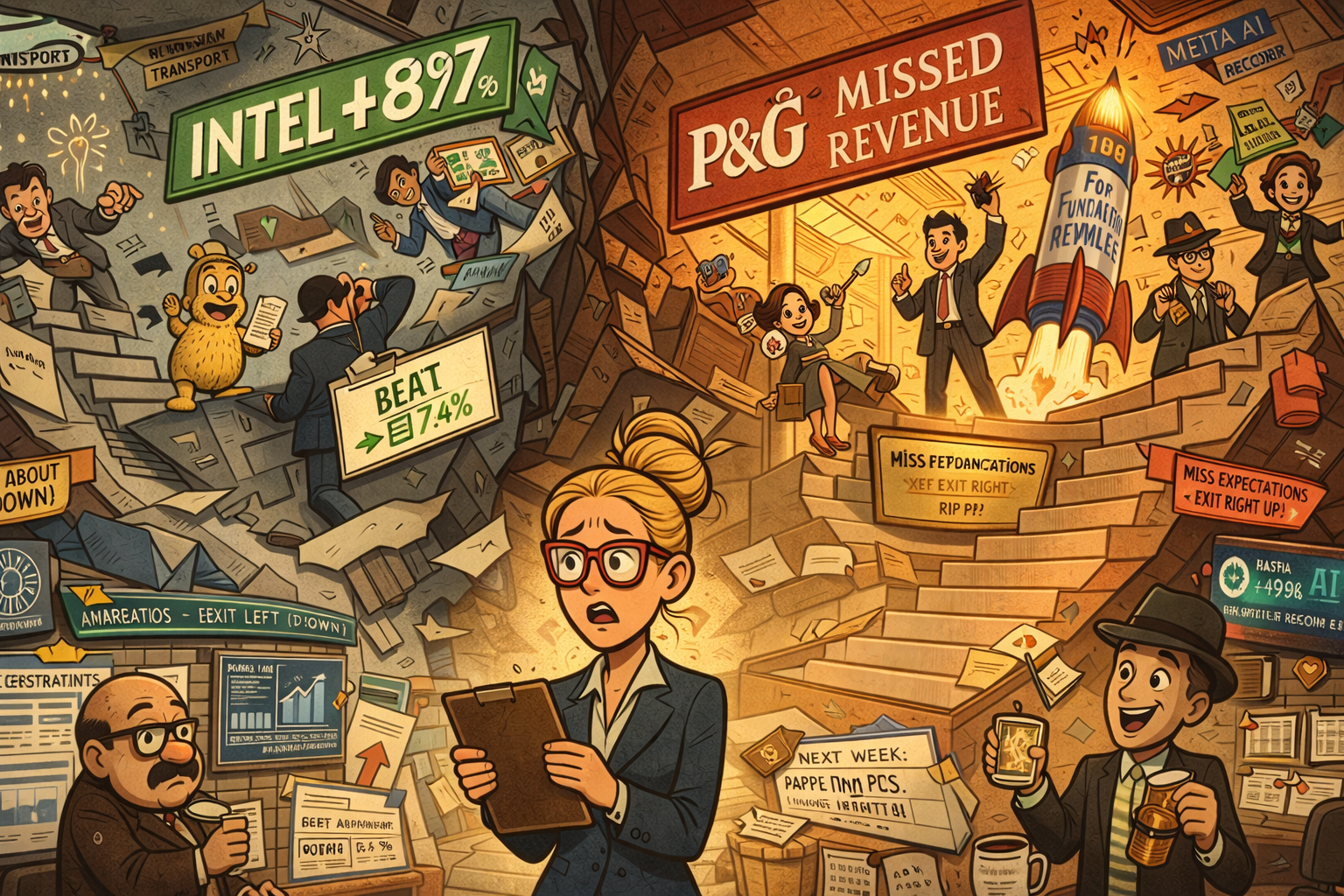 Trading floor chaos where Intel's earnings beat triggers collapse whilst P&G's miss sparks rally