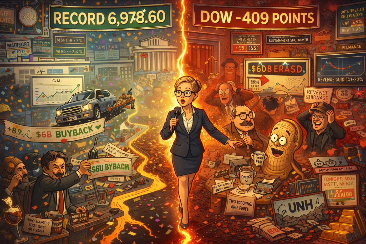 Trading floor split between S&P record celebration and Dow 409-point crash as UnitedHealth beat earnings then lost $60B