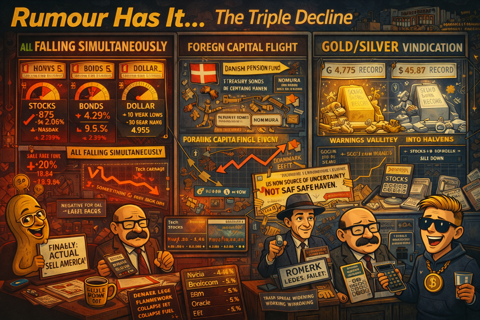 Sell America trade materialises as Dow crashes 875 points down 1.77% S&P falls 2.06% Nasdaq drops 2.39% whilst bonds sell off simultaneously with 10-year spiking to 4.29% highest since August and dollar weakening to two-week lows signalling genuine foreign capital flight as Danish pension fund exits triggering Treasury selloff and global bond contagion with Japan 40-year hitting record whilst Nomura declares US now source of uncertainty not safe haven as gold hits $4,775 and silver $95.87 records validating warnings with both S&P and Nasdaq negative for 2026 and traditional portfolio hedges failing.
