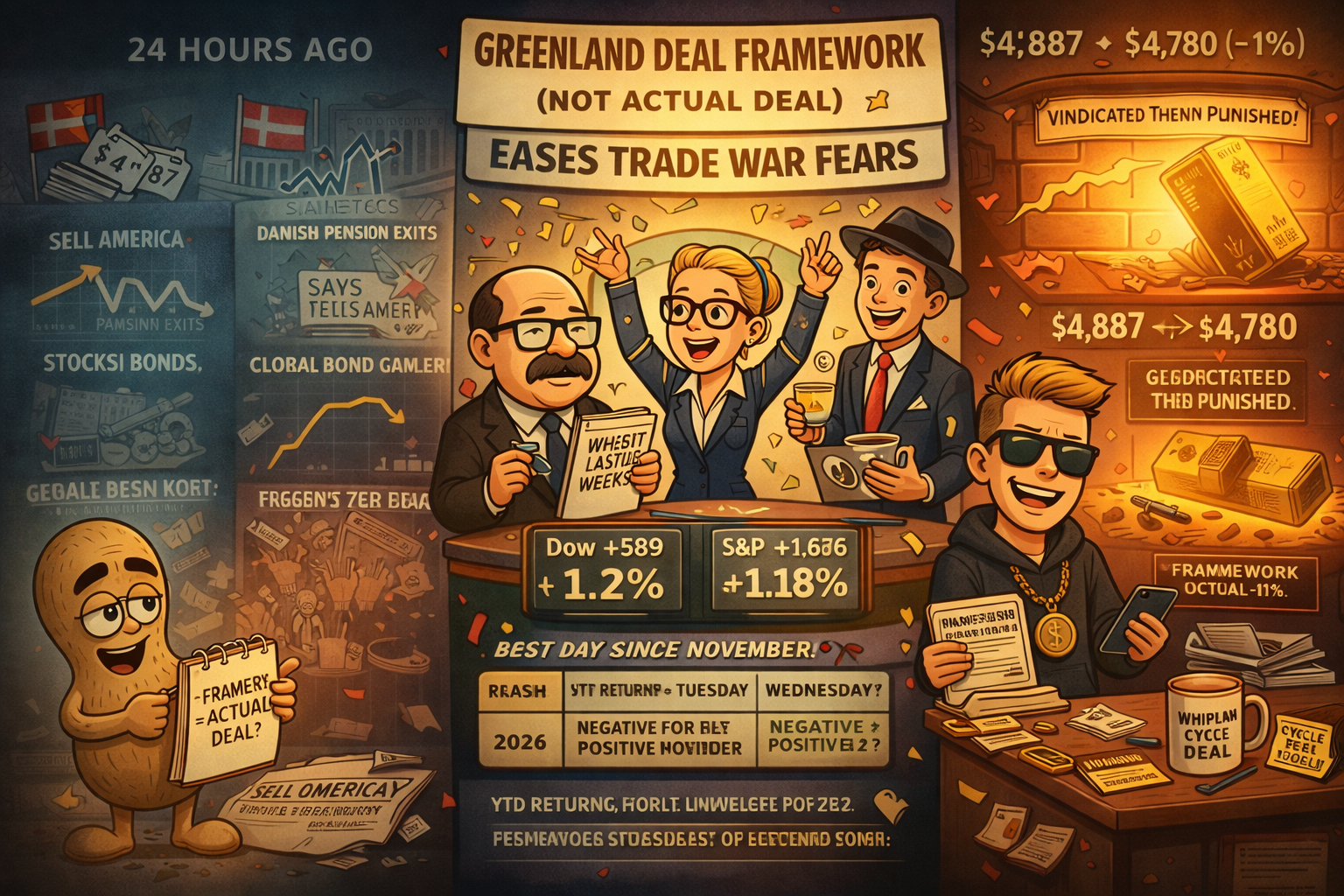 Markets post best day since November surging 1.16% as Greenland deal framework announcement eases trade war fears reversing Tuesday's Sell America capital flight in 24 hours with S&P turning positive for 2026 again whilst Supreme Court questions Trump's Fed overreach ignored by markets as semiconductors rally Intel up 11% AMD 8% Micron 7% on renewed AI optimism and gold falls 1% to $4,780 from $4,887 record punished after being vindicated with VIX dropping to 15.58 and Netflix beating with 325M subscribers but falling 5% on Warner Bros concerns as framework announcement proves sufficient to reverse institutional crisis.
