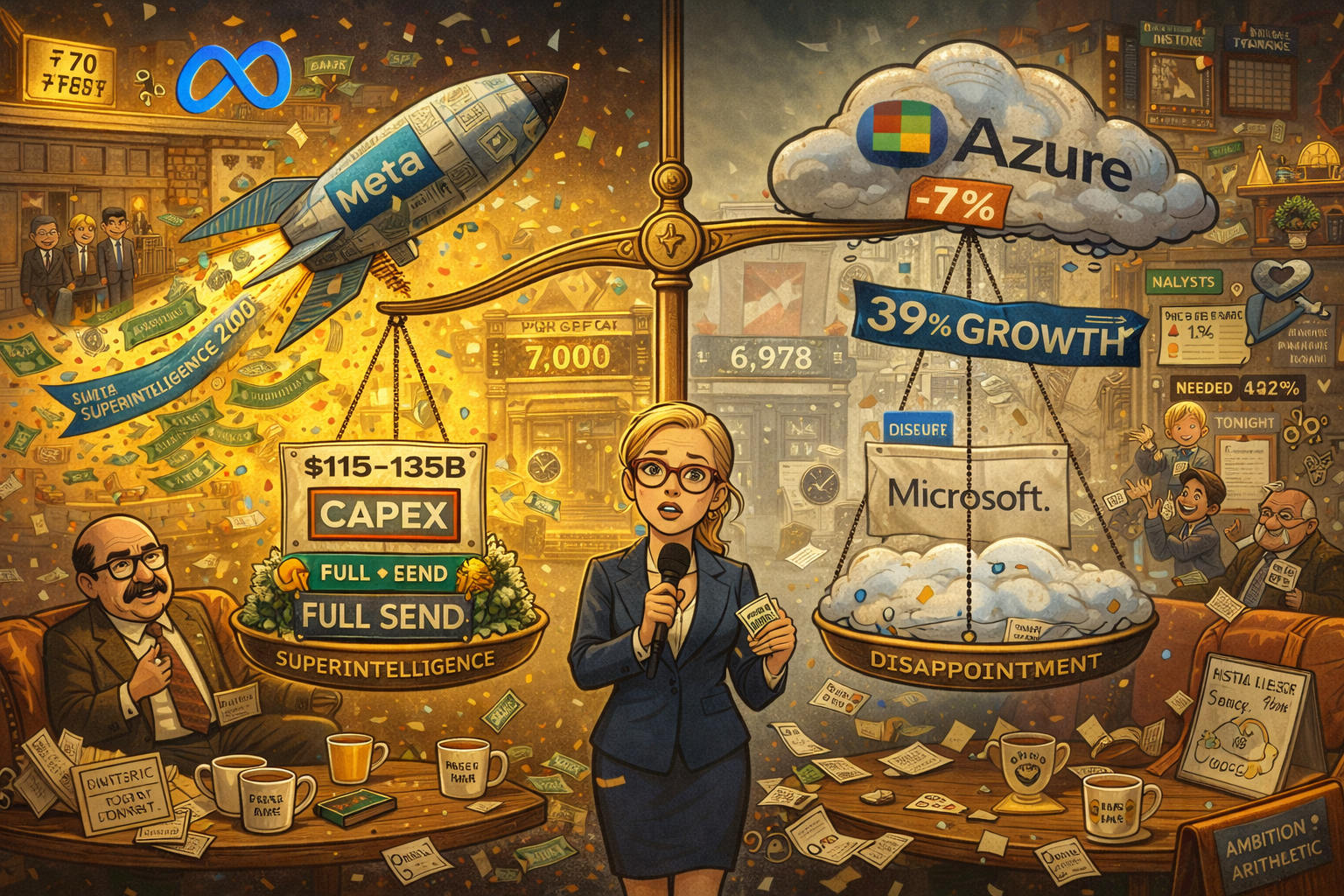 Trading floor split as Meta surges 10% on $135B AI spending whilst Microsoft crashes 7% on "disappointing" 39% Azure growth