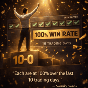 Trader on victory podium celebrating 10-0 winning streak with gold confetti