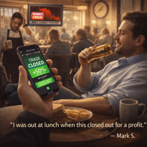 Trader casually eating lunch while phone shows trade closed for profit
