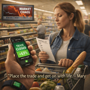 Trader shopping unbothered while watch shows profits and TV shows market chaos