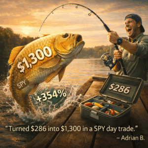 Trader as fisherman landing massive golden fish showing $286 to $1,300 gain