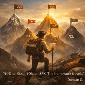 Trader as explorer planting victory flags on multiple market peaks including Gold and Crude