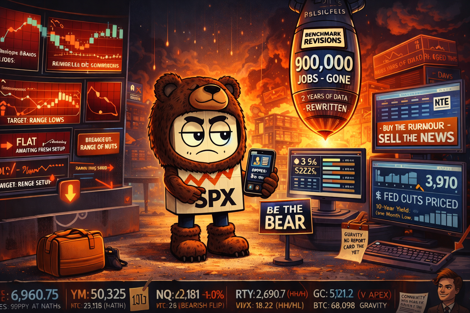 Mr SPX in bear stance at range boundary as 900K jobs bomb drops with VIX staircase pattern and RUT bearish flip confirmed