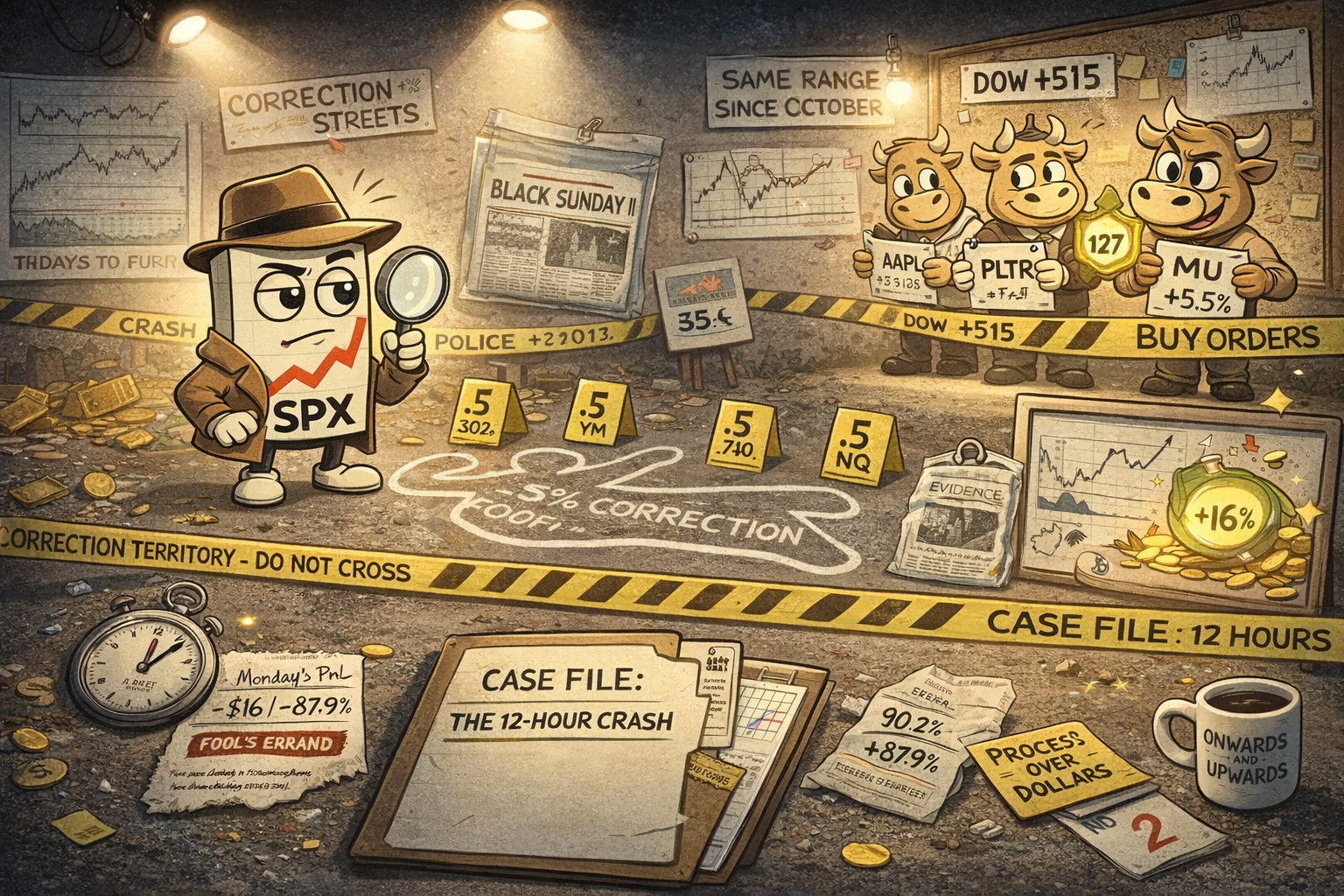 Crime scene where Sunday's 5% crash has been murdered by Monday's 515-point rally, Mr SPX investigating as detective with bear swing still intact