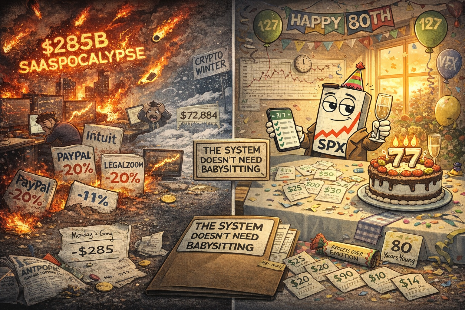 Mr SPX at 80th birthday party with 7/7 winning trades on phone whilst software stocks crash $285B in background