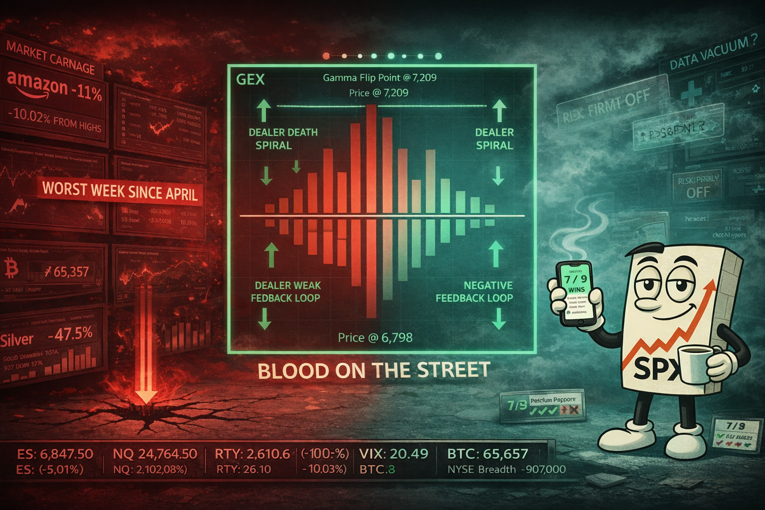 Mr SPX calmly trades from phone showing 7 from 9 wins whilst market screens show all-red carnage with Amazon minus 11 percent and GEX chart displaying entirely negative gamma exposure across every strike