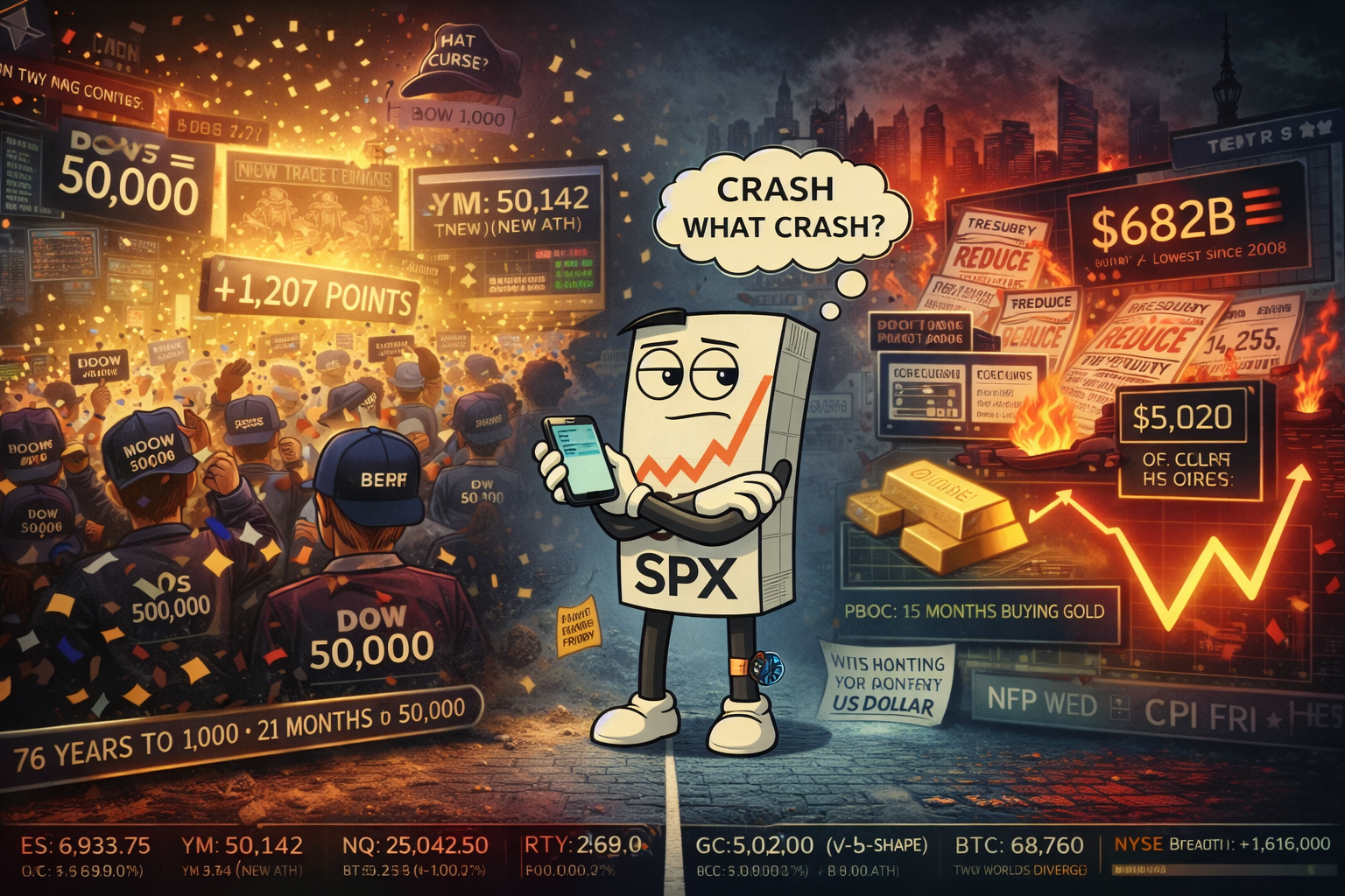 Mr SPX watches from sidelines as Dow 50000 hats fly on NYSE floor whilst China Treasury bombshell and gold V-shape recovery play out on screens behind him