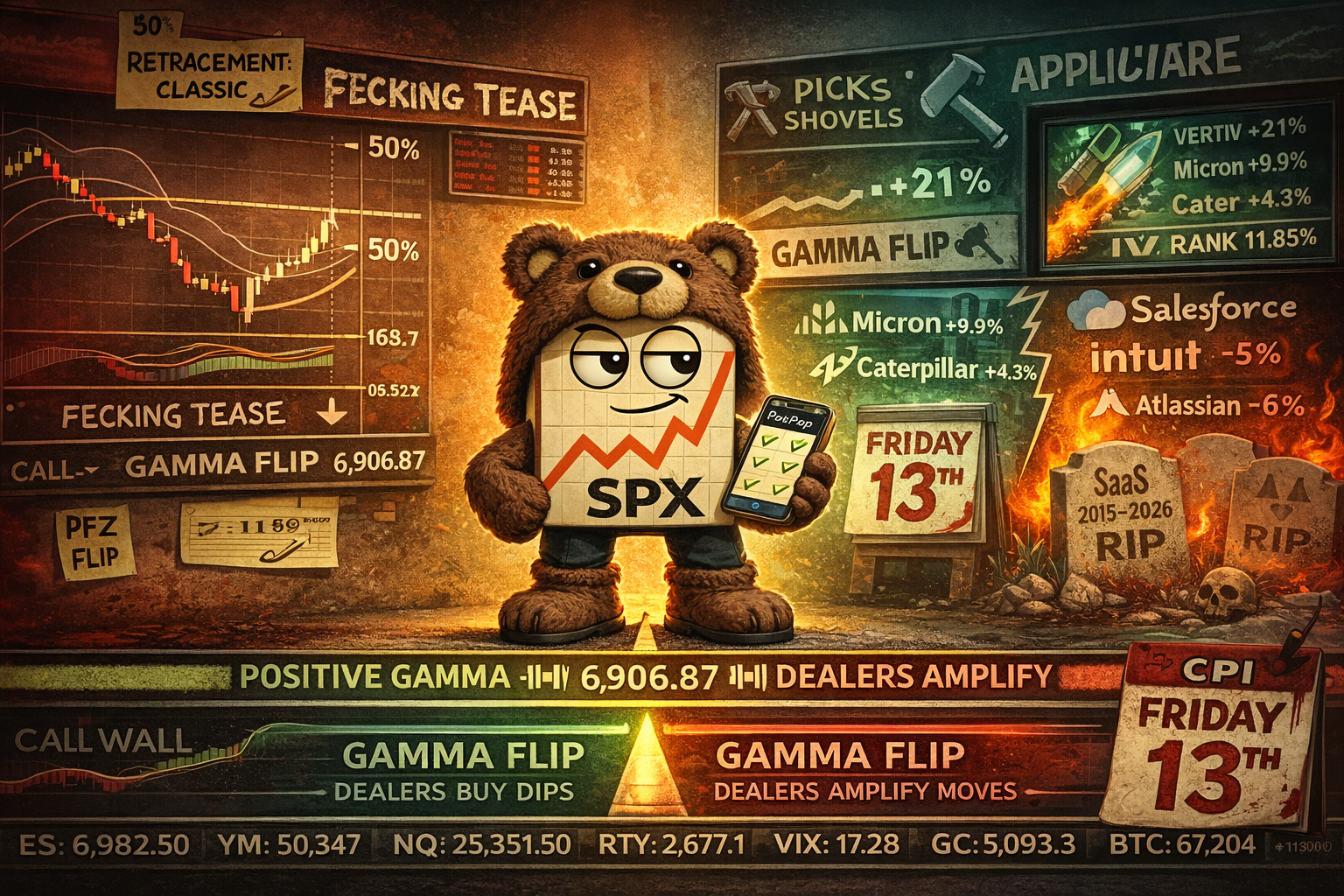 Mr SPX at gamma flip point between hardware soaring and software burning with CPI Friday 13th countdown and 3 Popper scalps banked