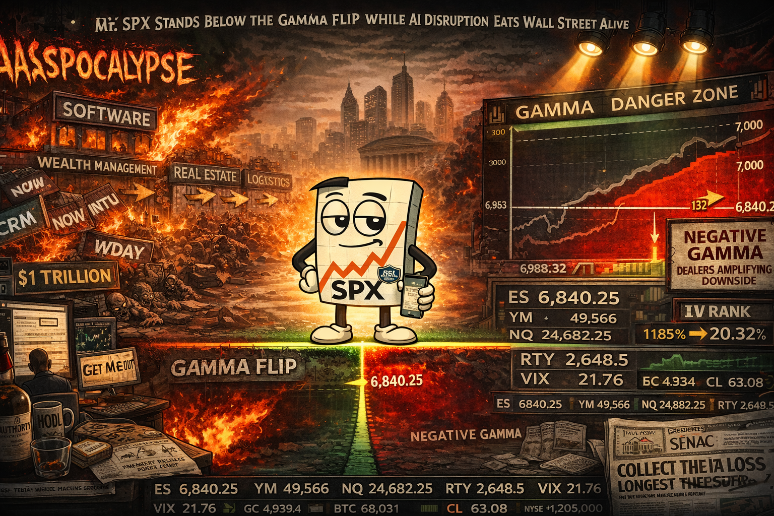 Mr SPX in negative gamma territory 132 points below gamma flip while SaaSpocalypse fire spreads from software to wealth management and VIX tests upper boundary with three catalysts ahead