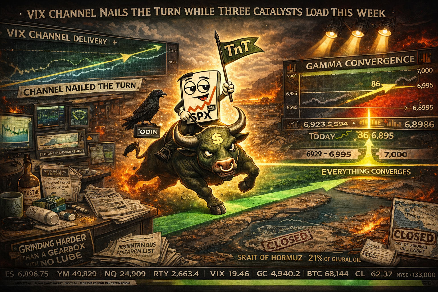 Mr SPX rides bullish TnT flip while VIX channel nails swing turn with gamma gap narrowing from 132 to 86 points and three catalysts loading this week