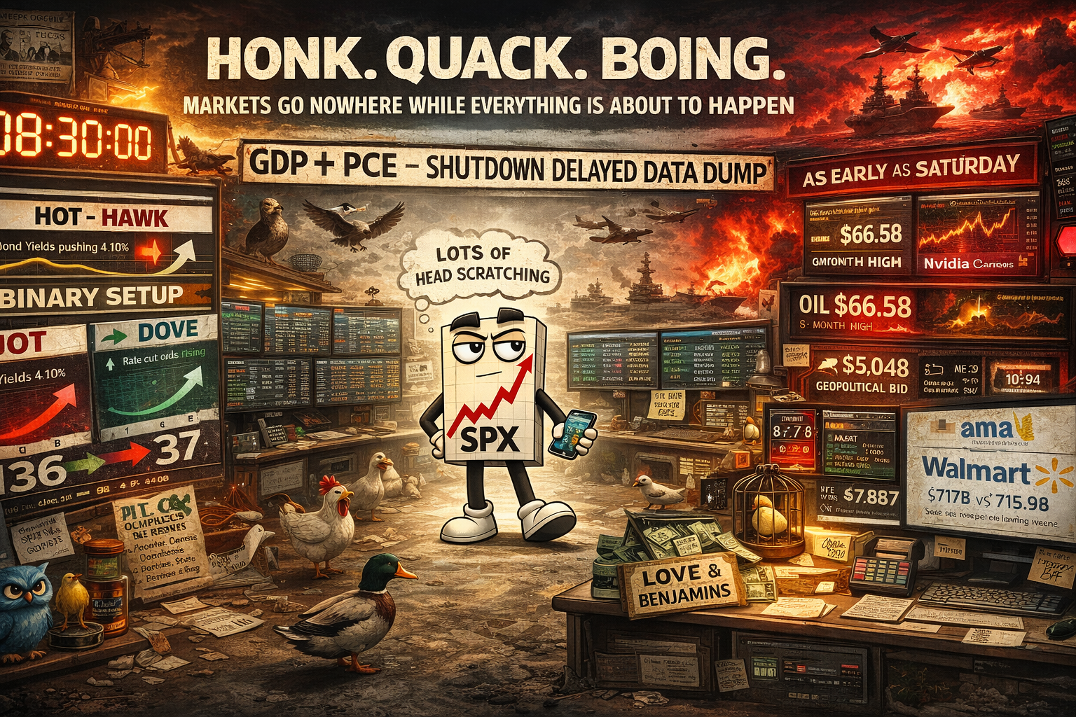 Mr SPX waits in a silent flat market as 8:30 AM GDP and PCE data approach while weekend Iran strike risk looms and gamma flip reverses from 8 to 37 points.