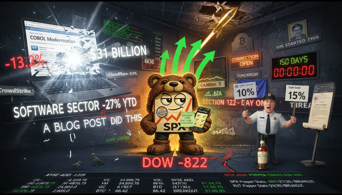 Mr SPX in bear costume celebrates five winning trades as IBM loses 31 billion to a blog post and Dow drops 822